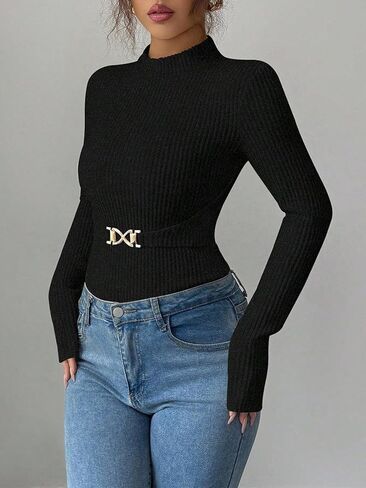 Women Ribbed Turtleneck Sweater Gold Buckle Accent Bell-Sleeve Top Warm Casual Sweater for Daily Wear Date Nights in Saudi Arabia