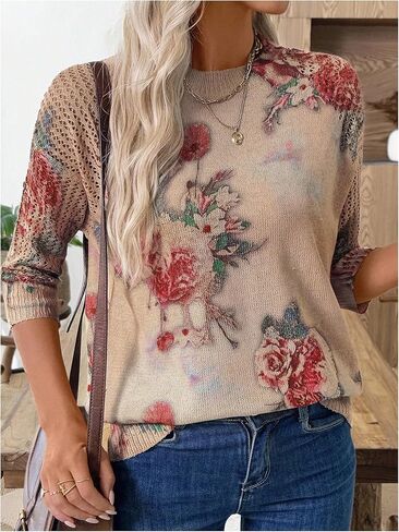 Women's Vintage Floral Pullover Sweaters 3/4 Sleeve Crew Neck Knit Tops Fall Clothes in Saudi Arabia