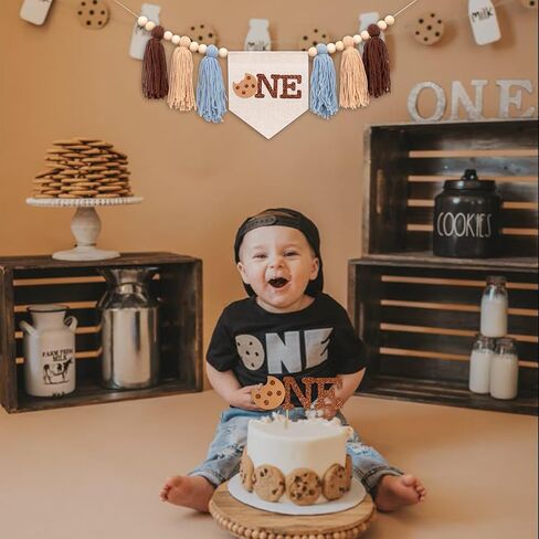 Cookies First Birthday High Chair Banner Cake Topper Set - Sweet Cookie Theme 1st Birthday Party Decoration Supplies Highchair Tassel Banners And Cake Topper, Cookie Sign Anniversary Milestone Celebration Supplies in Kuwait