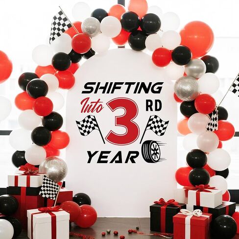 Shifting into 3rd Year Wall Decal Racing Car Theme 3rd Birthday Party Balloon Arch Stickers Decorations for Boy Black Red in Kuwait