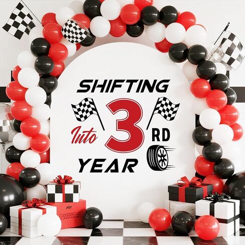 Shifting into 3rd Year Wall Decal Racing Car Theme 3rd Birthday Party Balloon Arch Stickers Decorations for Boy Black Red in Kuwait