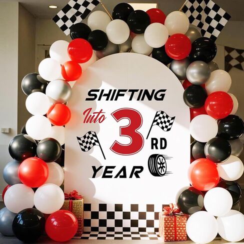 Shifting into 3rd Year Wall Decal Racing Car Theme 3rd Birthday Party Balloon Arch Stickers Decorations for Boy Black Red in Kuwait