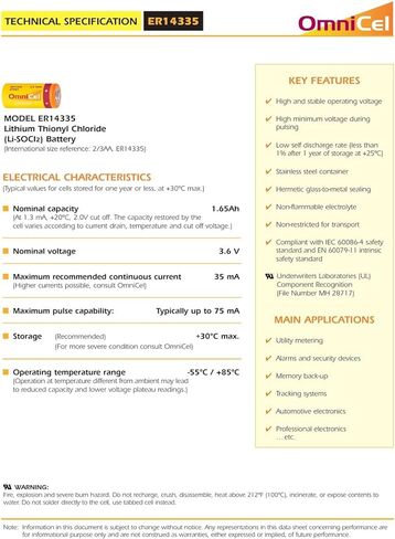 OmniCel ER14335 3.6V 1.65Ah 2/3AA Lithium Button Top Battery Replaces Tadiran TL-2155 TL-4955 TL-5155 TL-5955, Xeno XL-055F For use with Industrial PC, Computer RAM, Medical equipment in Kuwait