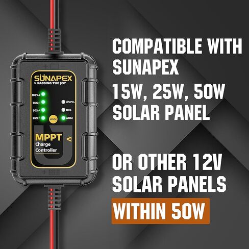 SUNAPEX 12V MPPT Solar Charge Controller, Solar Panel Regulator with SAE Connectors, Compatible with SUNAPEX 15W, 25W, 50W Solar Panels, or Other Solar Panels Within 50W, for Gel, AGM,LiFePO₄Battery in Kuwait