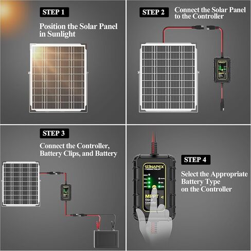 SUNAPEX 12V MPPT Solar Charge Controller, Solar Panel Regulator with SAE Connectors, Compatible with SUNAPEX 15W, 25W, 50W Solar Panels, or Other Solar Panels Within 50W, for Gel, AGM,LiFePO₄Battery in Kuwait