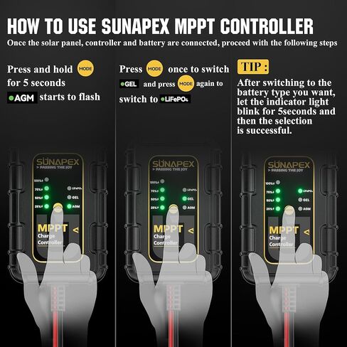 SUNAPEX 12V MPPT Solar Charge Controller, Solar Panel Regulator with SAE Connectors, Compatible with SUNAPEX 15W, 25W, 50W Solar Panels, or Other Solar Panels Within 50W, for Gel, AGM,LiFePO₄Battery in Kuwait