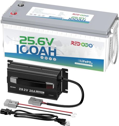 بطارية Redodo 24V 100Ah Lithium LiFePO4 ومجموعة شاحن 29.2V 20A، 2560Wh، ما يصل إلى 15000 دورة، مثالية لمحرك التصيد، وRV، والبحرية، والقوارب والمنزل الشمسي in Kuwait