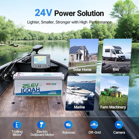 بطارية Redodo 24V 100Ah Lithium LiFePO4 ومجموعة شاحن 29.2V 20A، 2560Wh، ما يصل إلى 15000 دورة، مثالية لمحرك التصيد، وRV، والبحرية، والقوارب والمنزل الشمسي in Kuwait