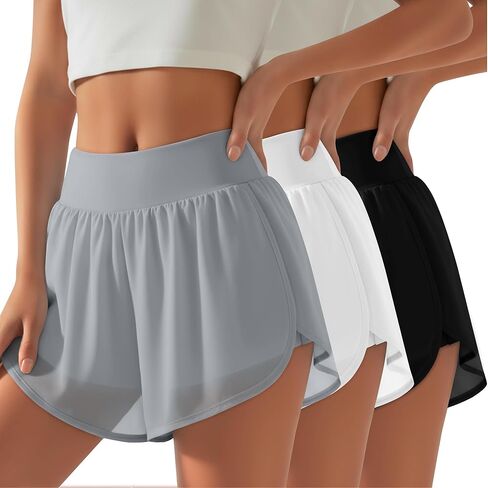 3 Pack Women 2 in 1 Shorts Athletic Elastic Waist Workout Lightweight Running Chiffon Yoga Shorts Liner with Pockets in Kuwait