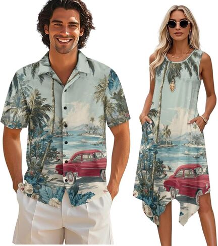 TOADDITDO Matching Hawaiian Couple Outfit Mens Button Down Aloha Shirts Womens Sundress Sleeveless A Line Flowy Tank Dress in Kuwait