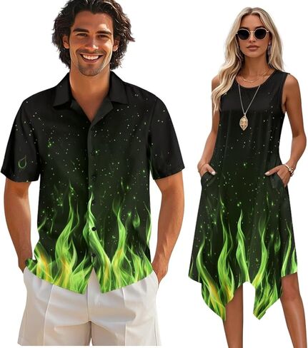 TOADDITDO Matching Hawaiian Couple Outfit Mens Button Down Aloha Shirts Womens Sundress Sleeveless A Line Flowy Tank Dress in Kuwait