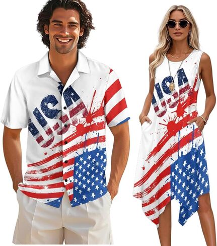 TOADDITDO Matching Hawaiian Couple Outfit Mens Button Down Aloha Shirts Womens Sundress Sleeveless A Line Flowy Tank Dress in Kuwait