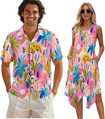 TOADDITDO Matching Hawaiian Couple Outfit Mens Button Down Aloha Shirts Womens Sundress Sleeveless A Line Flowy Tank Dress in Kuwait