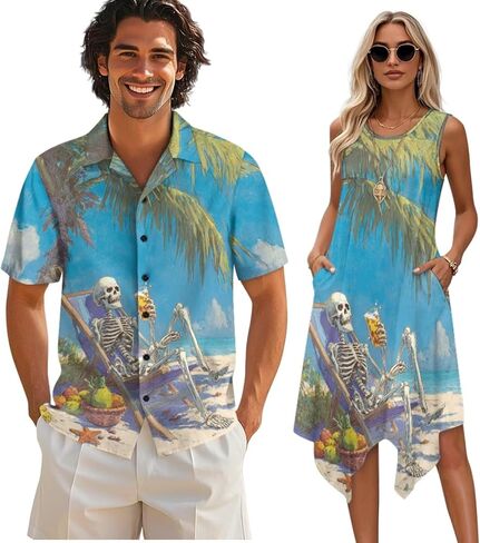 TOADDITDO Matching Hawaiian Couple Outfit Mens Button Down Aloha Shirts Womens Sundress Sleeveless A Line Flowy Tank Dress in Kuwait