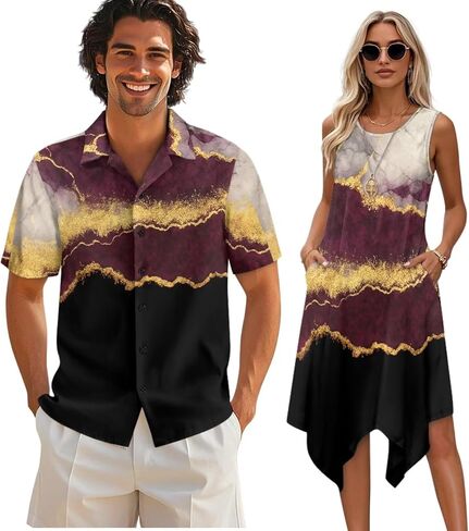 TOADDITDO Matching Hawaiian Couple Outfit Mens Button Down Aloha Shirts Womens Sundress Sleeveless A Line Flowy Tank Dress in Kuwait