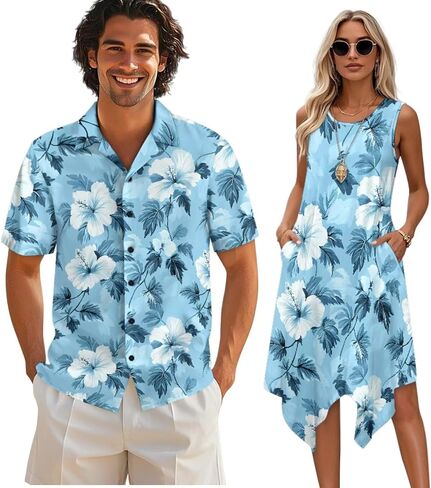 TOADDITDO Matching Hawaiian Couple Outfit Mens Button Down Aloha Shirts Womens Sundress Sleeveless A Line Flowy Tank Dress in Kuwait
