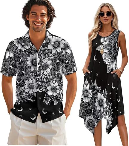 TOADDITDO Matching Hawaiian Couple Outfit Mens Button Down Aloha Shirts Womens Sundress Sleeveless A Line Flowy Tank Dress in Kuwait