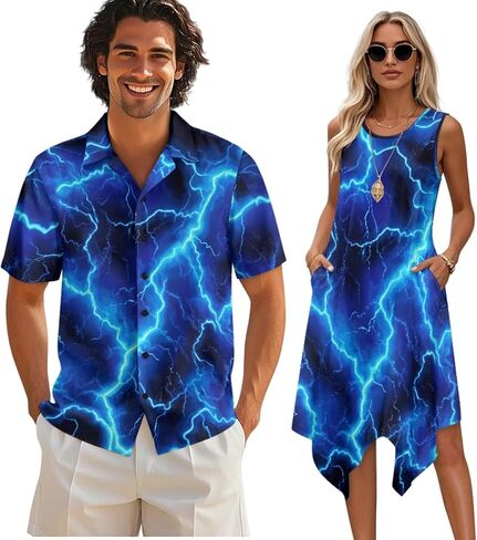 TOADDITDO Matching Hawaiian Couple Outfit Mens Button Down Aloha Shirts Womens Sundress Sleeveless A Line Flowy Tank Dress in Kuwait