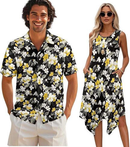 TOADDITDO Matching Hawaiian Couple Outfit Mens Button Down Aloha Shirts Womens Sundress Sleeveless A Line Flowy Tank Dress in Kuwait