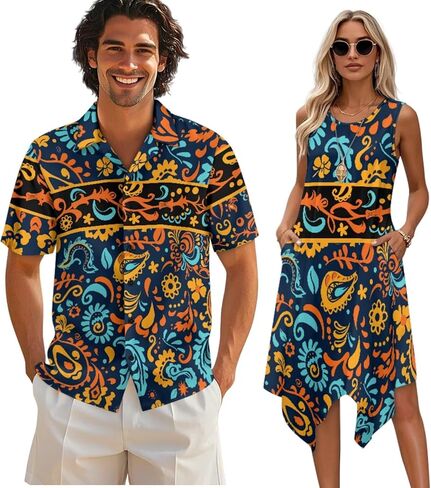 TOADDITDO Matching Hawaiian Couple Outfit Mens Button Down Aloha Shirts Womens Sundress Sleeveless A Line Flowy Tank Dress in Kuwait
