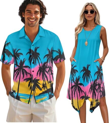 TOADDITDO Matching Hawaiian Couple Outfit Mens Button Down Aloha Shirts Womens Sundress Sleeveless A Line Flowy Tank Dress in Kuwait