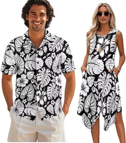 TOADDITDO Matching Hawaiian Couple Outfit Mens Button Down Aloha Shirts Womens Sundress Sleeveless A Line Flowy Tank Dress in Kuwait