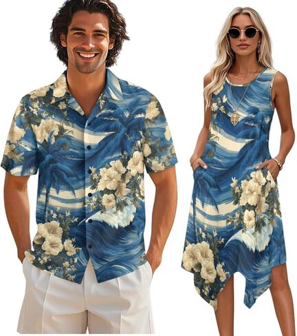 TOADDITDO Matching Hawaiian Couple Outfit Mens Button Down Aloha Shirts Womens Sundress Sleeveless A Line Flowy Tank Dress in Kuwait