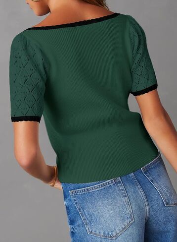 Womens Short Sleeve Sweater Pullover Shirts Summer Square Collar Basic Ribbed Knit Cut Out Color Block Tops in Saudi Arabia