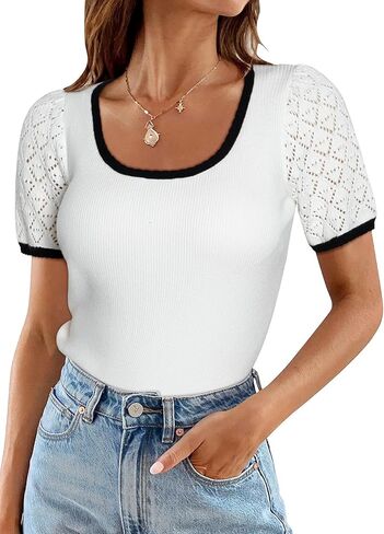 Womens Short Sleeve Sweater Pullover Shirts Summer Square Collar Basic Ribbed Knit Cut Out Color Block Tops in Saudi Arabia