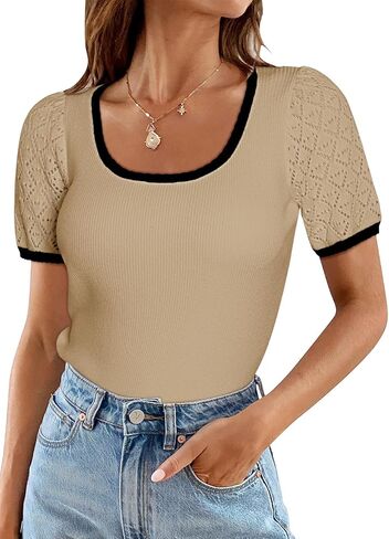 Womens Short Sleeve Sweater Pullover Shirts Summer Square Collar Basic Ribbed Knit Cut Out Color Block Tops in Saudi Arabia