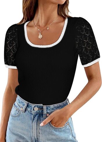 Womens Short Sleeve Sweater Pullover Shirts Summer Square Collar Basic Ribbed Knit Cut Out Color Block Tops in Saudi Arabia