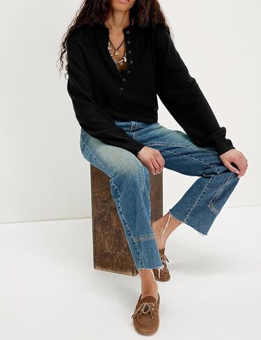 سترة نسائية بنصف زر سفلي سترة متماسكة كاجوال هينلي كم طويل تونيك علوي فضفاض مناسب للأزياء العصرية (أسود-S) in Kuwait