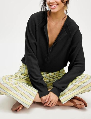 سترة نسائية بنصف زر سفلي سترة متماسكة كاجوال هينلي كم طويل تونيك علوي فضفاض مناسب للأزياء العصرية (أسود-S) in Kuwait