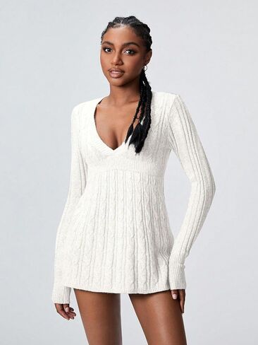 SKAYS Women's 2025 Fitted V Neck Cable Knit Fall Sweater Cozy Pullover Long Sleeve Thick Winter Tunic Shirt Top in Saudi Arabia