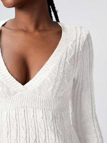 SKAYS Women's 2025 Fitted V Neck Cable Knit Fall Sweater Cozy Pullover Long Sleeve Thick Winter Tunic Shirt Top in Saudi Arabia