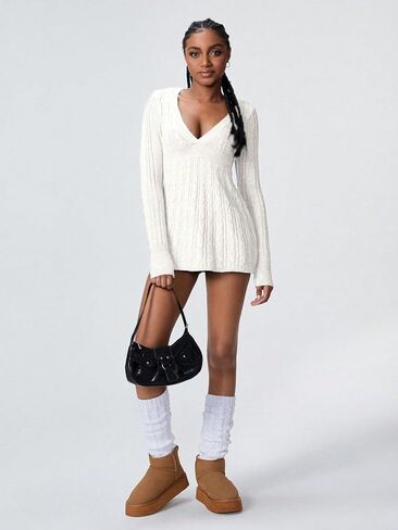 SKAYS Women's 2025 Fitted V Neck Cable Knit Fall Sweater Cozy Pullover Long Sleeve Thick Winter Tunic Shirt Top in Saudi Arabia