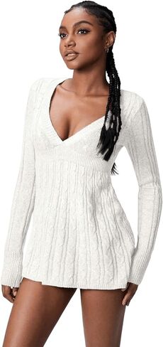 SKAYS Women's 2025 Fitted V Neck Cable Knit Fall Sweater Cozy Pullover Long Sleeve Thick Winter Tunic Shirt Top in Saudi Arabia