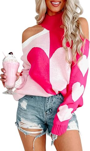 Seyumixi Women Heart Sweater Cold Shoulder Pullover Valentine Romantic Oversized Knitted Top Cute Love Print Sweaters in Kuwait