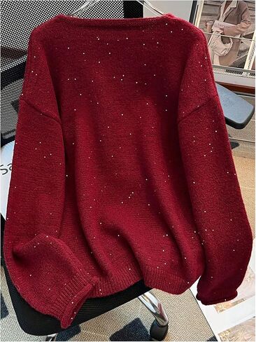 Women's Bowknot Sequin Sweater V Neck Long Sleeve Pullover Sweaters Xmas Elegant Tops in Saudi Arabia