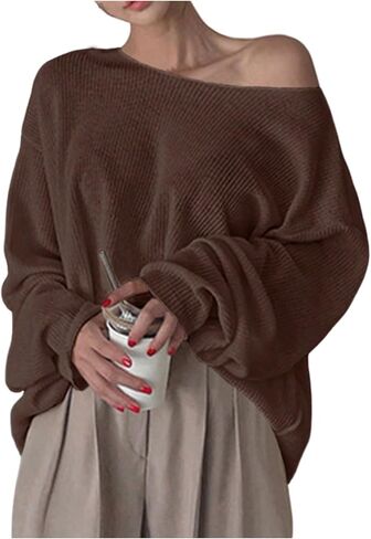 Women's Oversized Sweaters Off The Shoulder Waffle Knit Tops Long Sleeve Pullover Jumper in Saudi Arabia