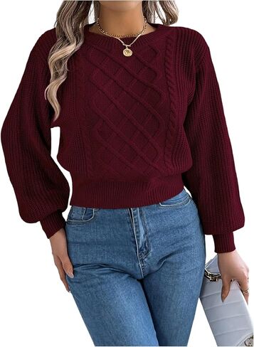 SHENHE Women's Fall Sweaters Crewneck Lantern Sleeve Cinched Waisted Knit Elegent Crop Sweaters Pullovers in Saudi Arabia