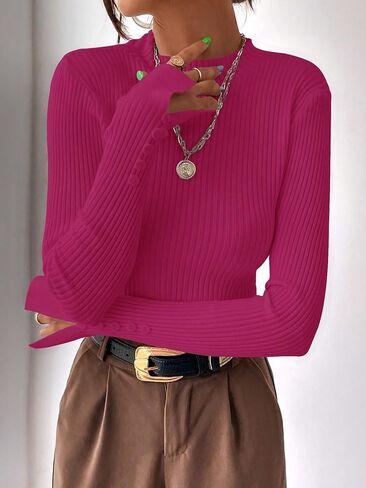 Women's Button Decor Ribbed Sweaters Long Sleeve Mock Neck Knit Tops in Saudi Arabia