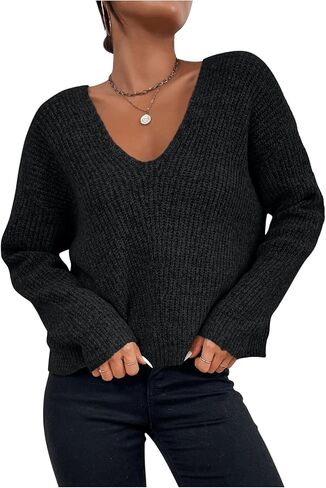 SHENHE Women's V Neck Chunky Sweater Long Sleeve Drop Shoulder Loose Knitted Pullovers in Saudi Arabia