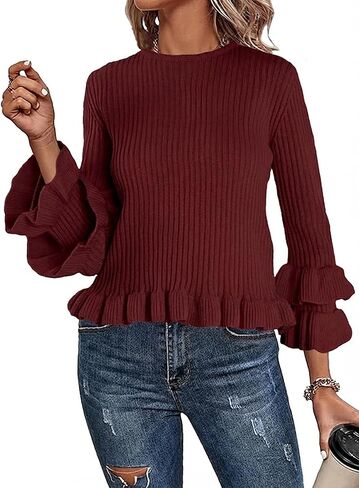 المرأة الخريف طاقم الرقبة كشكش البلوز البلوزات العصرية عادية 3/4 كم مضلع متماسكة سترة القمم in Kuwait