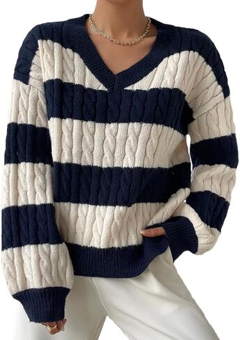 المرأة كتلة اللون سترة فضفاضة الخامس الرقبة طويلة الأكمام مترهل كابل متماسكة البلوز البلوز القمم in Kuwait