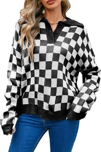 Women Casual V Neck Color Block Button Plaid Pullover Sweater Lightweight Long Sleeve Ribbed Knit Sweater in Kuwait