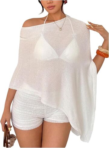 GORGLITTER Women's Sheer Poncho Tops Lightweight Knit Crochet Shrug Bolero Mesh Batwing Sleeve Cover Up Beachwear in Saudi Arabia