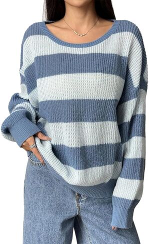 SKAYS Women's Colorblock Striped Sweater Loose Drop Shoulder Long Sleeve Casual Pullover in Saudi Arabia