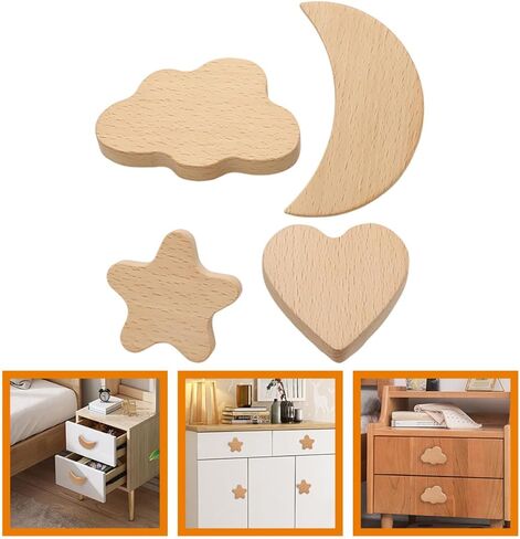 Wooden Drawer Knobs and Cupboard Pull Handles for ’ Furniture, 4pcs Single Hole Smooth Wood Cabinet Handles with Star, Cloud, Moon, and Heart Shapes, Friendly Home Décor Accents in Kuwait