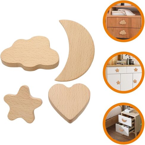 Wooden Drawer Knobs and Cupboard Pull Handles for ’ Furniture, 4pcs Single Hole Smooth Wood Cabinet Handles with Star, Cloud, Moon, and Heart Shapes, Friendly Home Décor Accents in Kuwait